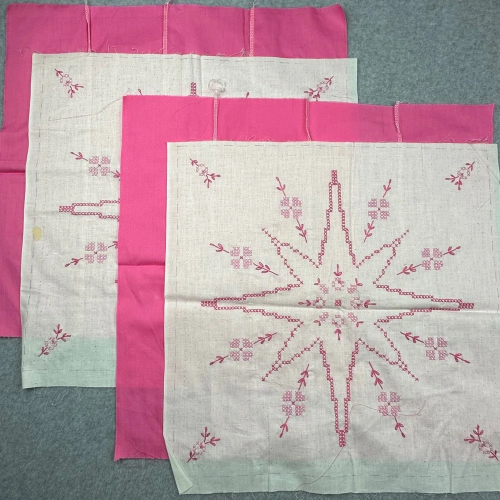 Vtg Pink Cross Stitch Quilt Blocks Embroidery Star Floral Unfinished Lot 18x18